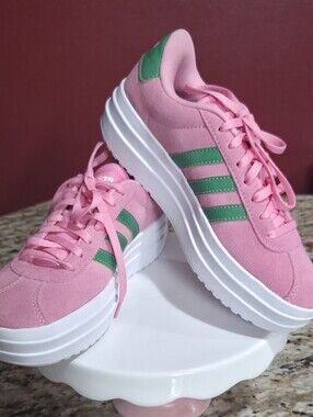 adidas Pink Platform Sneakers with Green Three Stripes